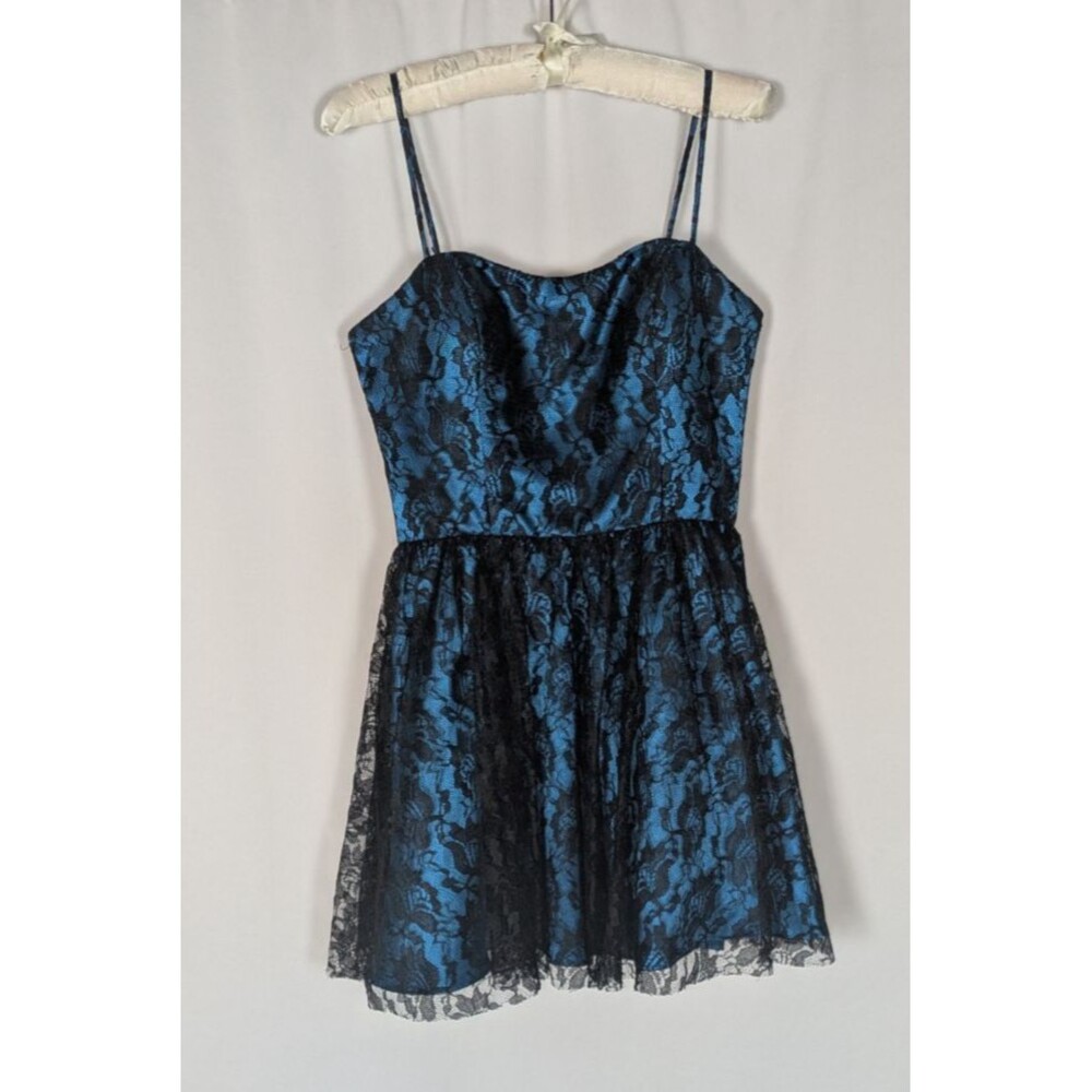 VTG Y2K Deb Dress 7/8 Black Lace Teal Blue Satin Whimsigoth Mall Goth Hoco Mini
